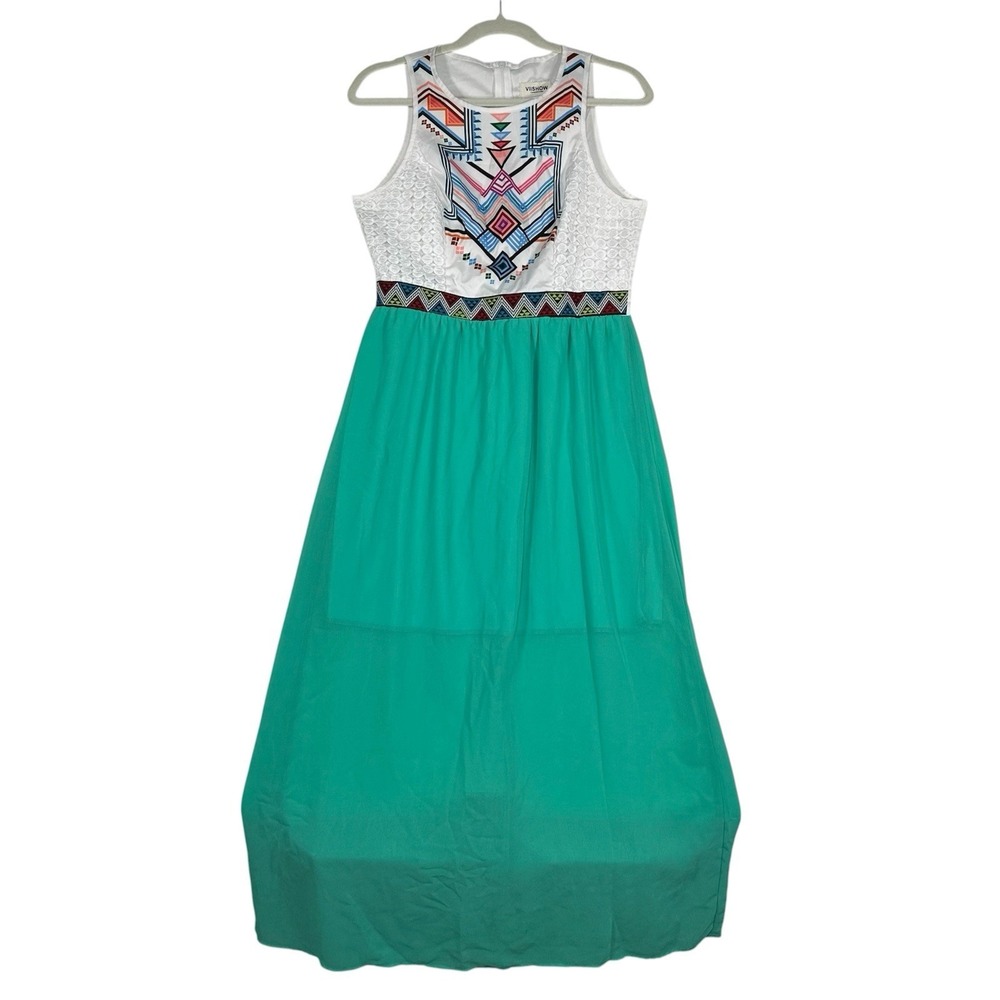 VIISHOW Geometric Maxi Dress M Emerald Green Boho Artisanal Tropical Vacation